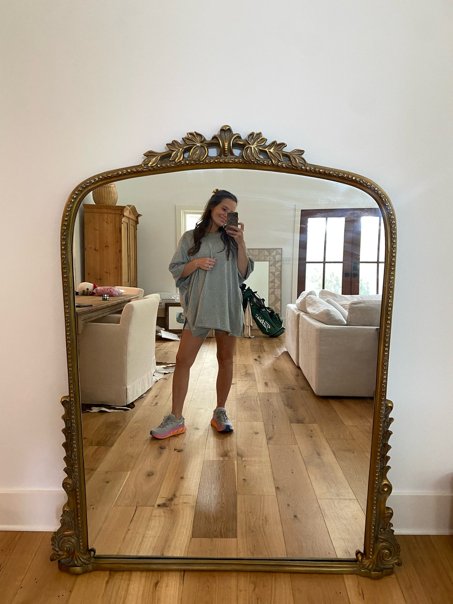 Easiest, comfiest set. Free People Hot shot reversible set (you can switch the top with the v in the front). Wearing a size small- which fits pregnant or not for me & also is easy for breastfeeding. Also can switch up the look by wearing Lulu align biker shorts which I prefer. Also my favorite bralette!! Works perfect with this cut top.