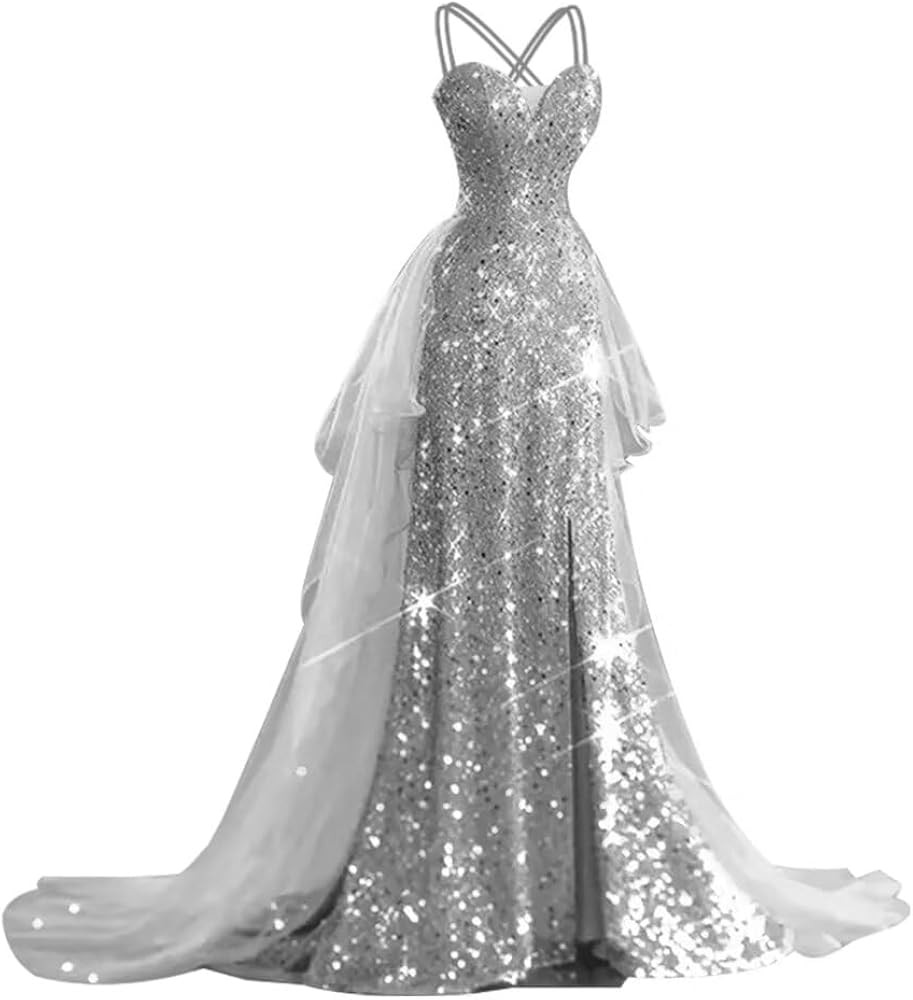 Spaghetti Straps Sequin Prom Dresses Ball Gown Tulle Princess Formal Evening Party Dress with Sli... | Amazon (US)
