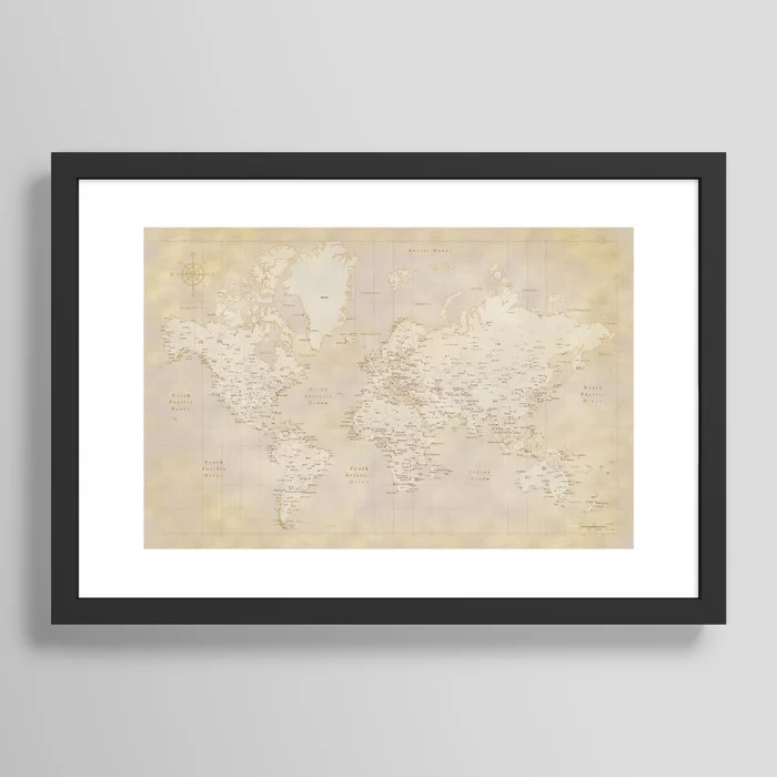 Vintage world map in sepia and gold, Kellen Framed Art Print | Society6