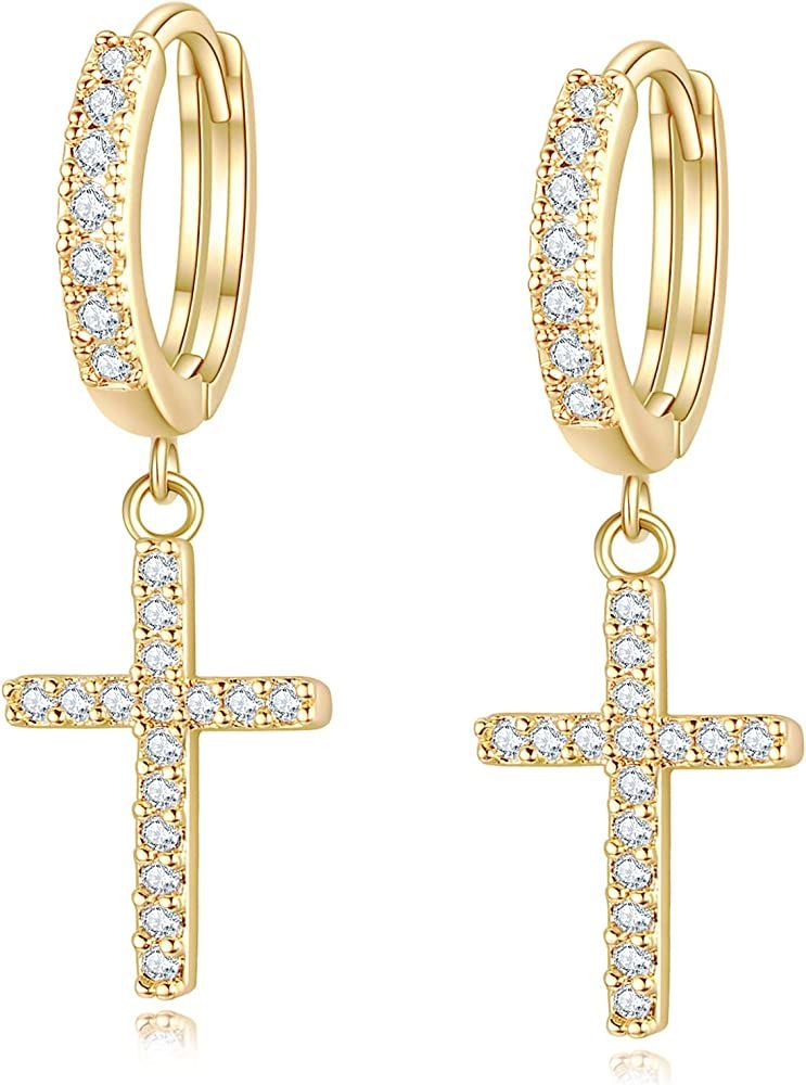 14K Gold Plated Drop Dangle Cross Hoop Earrings Trendy Gold Cross Earrings for Women Girls Small CZ  | Amazon (US)