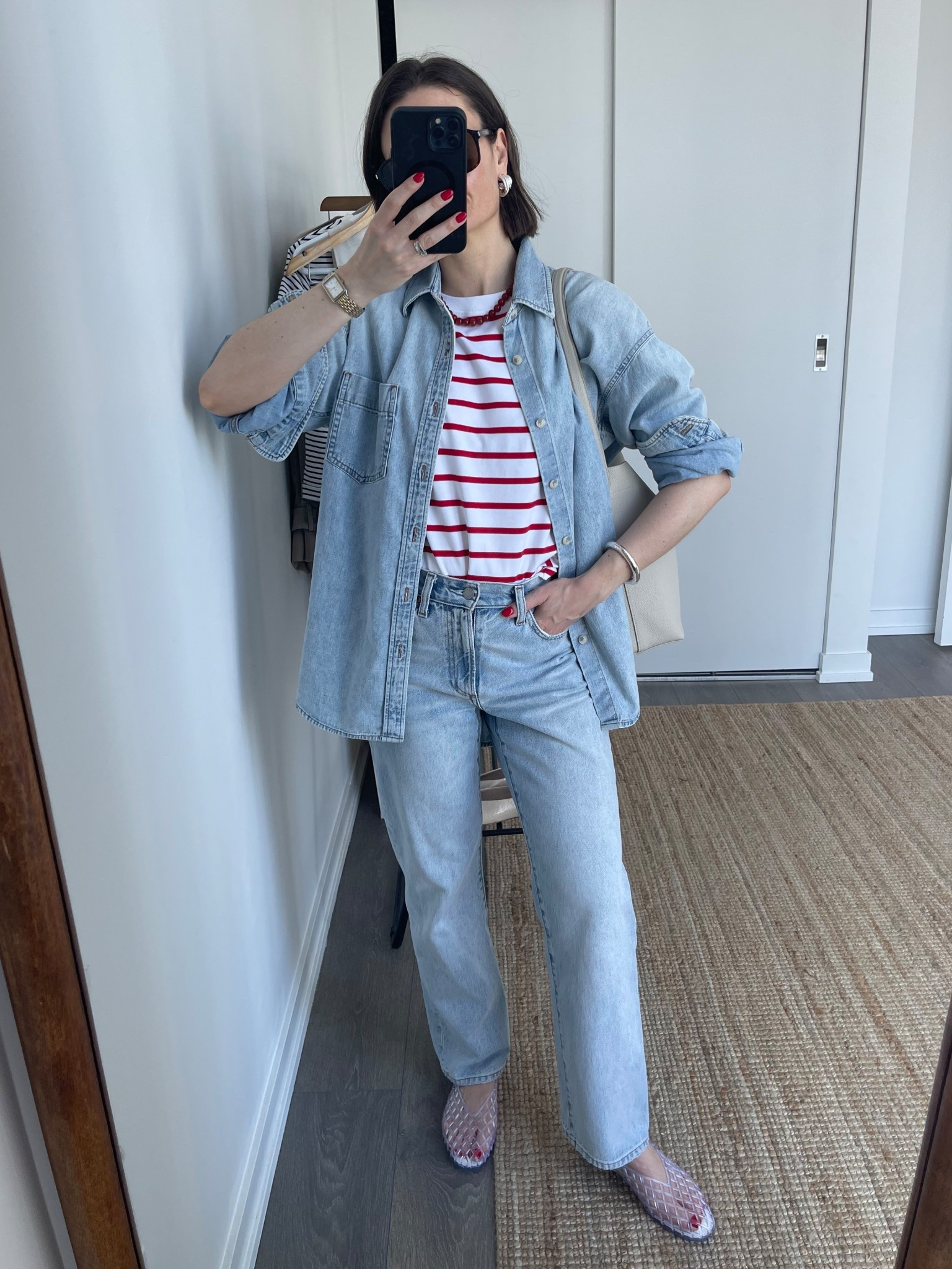Denim on denim for Spring!

Striped tee - S
Denim shirt - XS (15 Yrs Brl Thr Bleu)
Jeans - Size 24
Jelly flats - if you are a half size, take the size down.

#LTKootd #LTKSeasonal