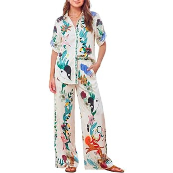 Summer Lounge Set for Women, Graphic Button Down Shirt & Wide Leg Pant Set 2 Piece Outfit for Bea... | Amazon (US)