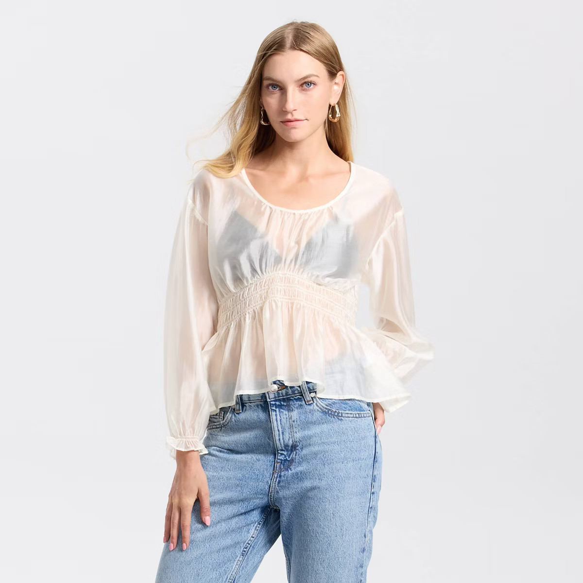Women's Long Sleeve Smocked Waist Sheer Blouse - A New Day™ | Target