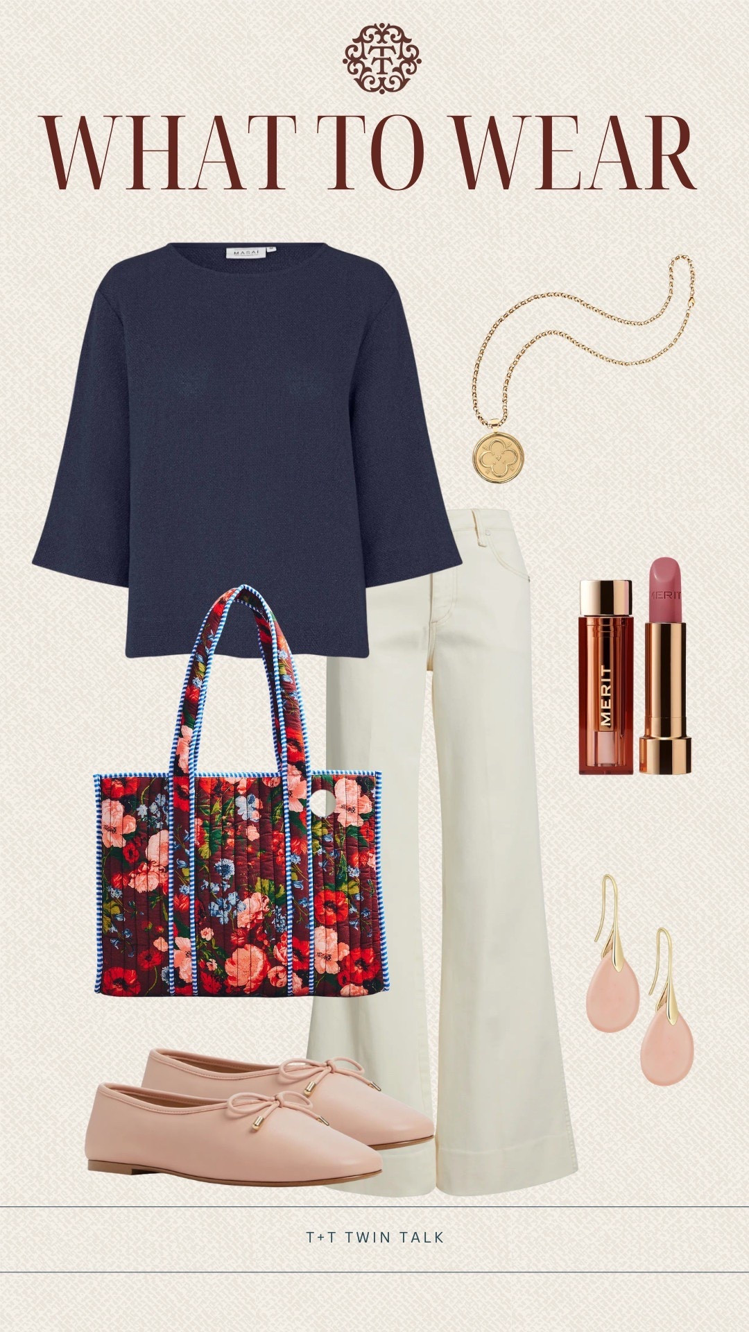 T+T, what to wear! These cream flare jeans, and navy top are great for pairing with a fun bag, like this one for Anthropologie. A classic Jane Win necklace ties the whole look together. This outfit is perfect for a shopping day or a date night! 

#LTKOver40 #LTKgrwm #LTKootd
