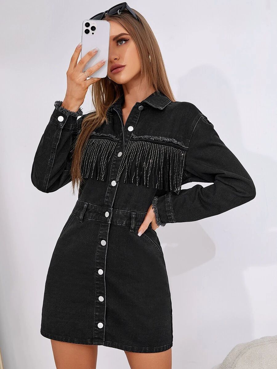 Fringe Trim Button Front Denim Dress
   
      SKU: sw2208255155502601
          (3 Reviews)    U... | SHEIN