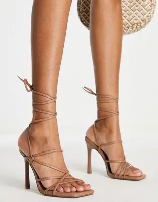 ASOS DESIGN Nobu strappy tie leg heeled sandals in beige | ASOS (Global)