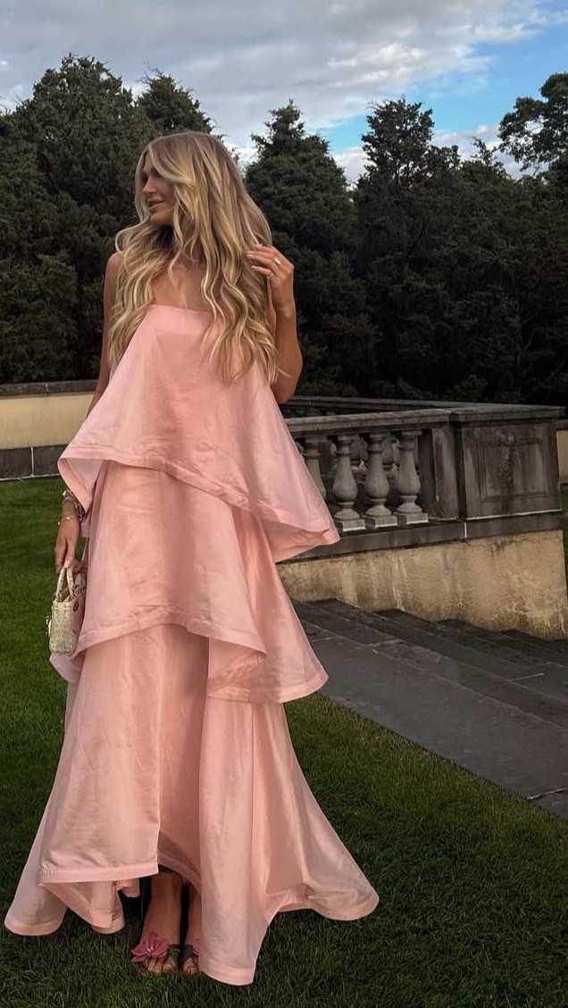 Halley Kate wearing a pink ruffle tiered dress, Miss lady Dior micro bag floral embellished ankle wrap sandals

#LTKWedding #LTKStyleTip #LTKShoeCrush