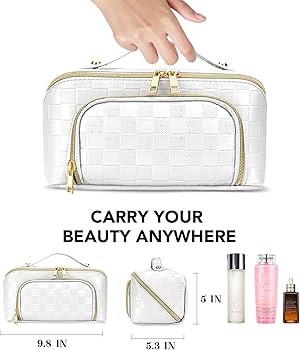 stona Travel Makeup Bag for Women, Large Capacity PU Leather Waterproof Checkered Cosmetic Bags, ... | Amazon (US)