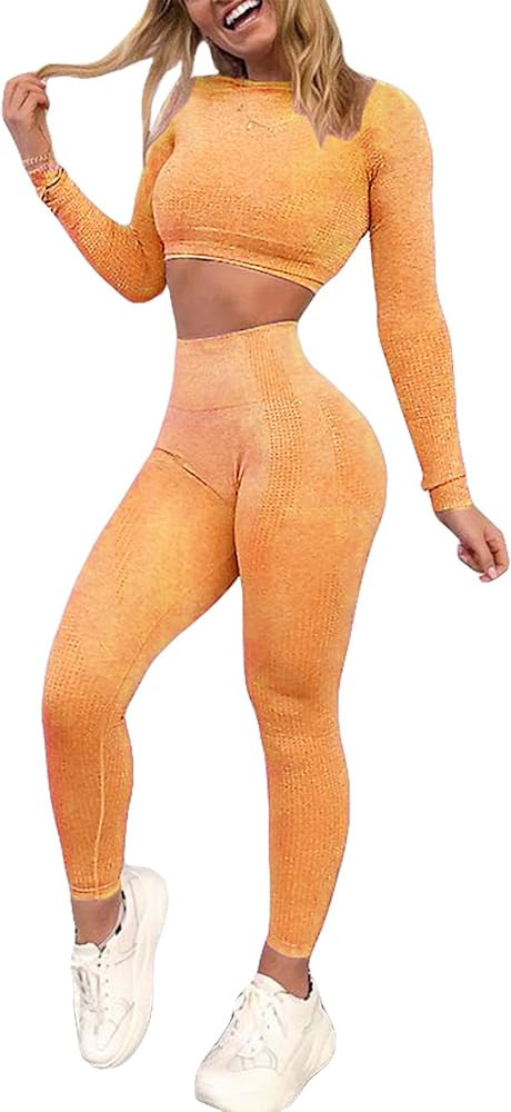 YOFIT Women's Workout Outfit 2 Pieces Seamless High Waist Yoga Leggings with Long Sleeve Crop Top... | Amazon (US)
