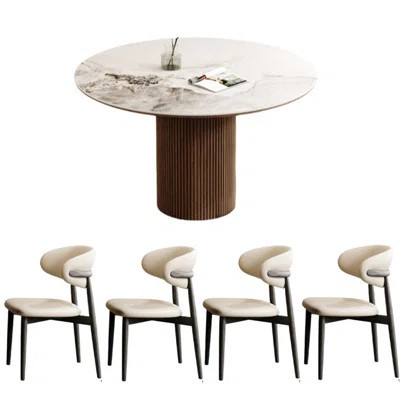 Modern Round Rock Slab Dining Table with Wood Base | Wayfair North America