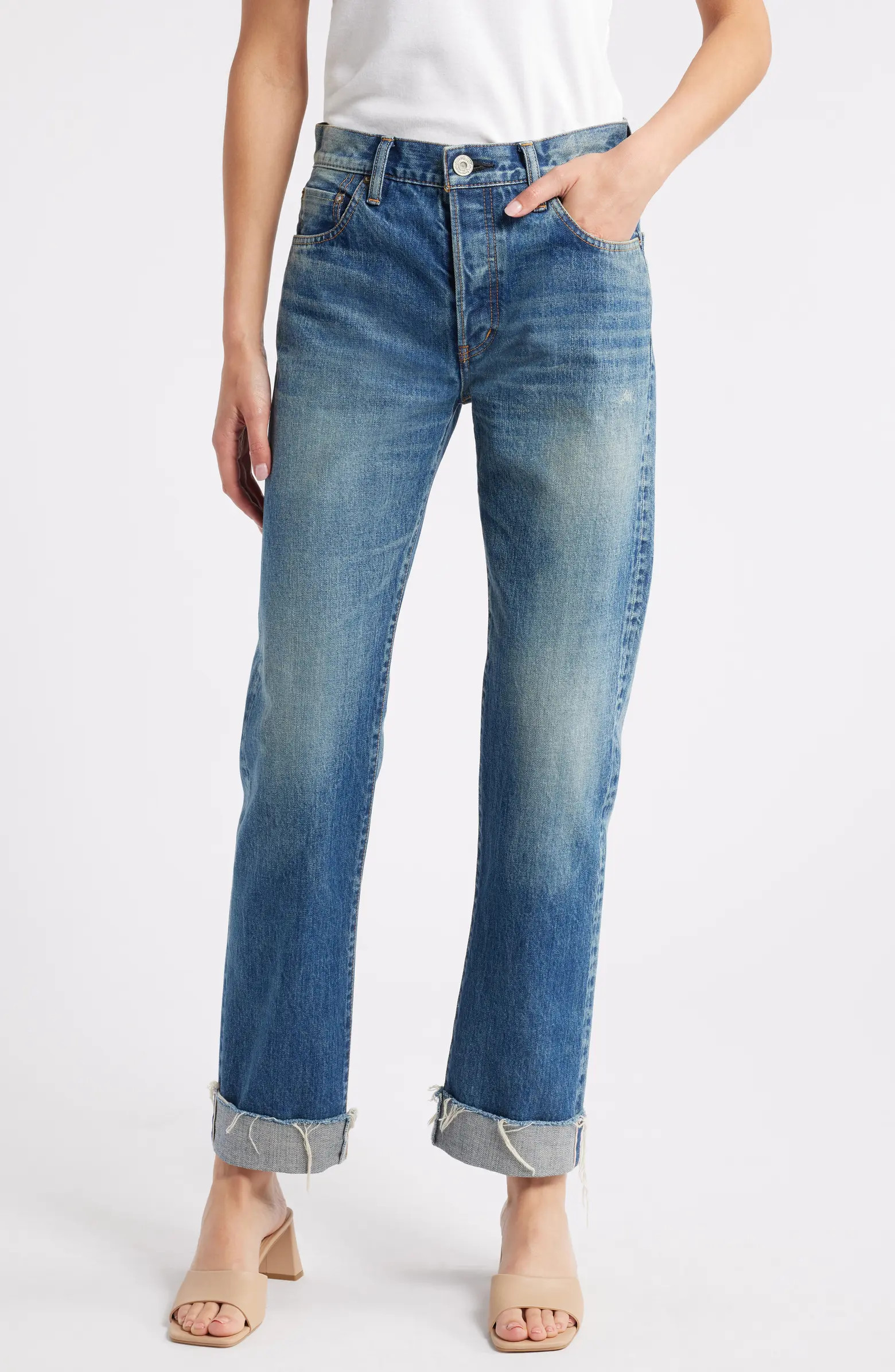 MOUSSY Hopewell High Waist Cuffed Raw Hem Straight Leg Jeans | Nordstrom | Nordstrom