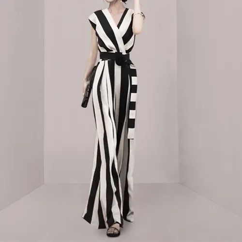 Yilda - Sleeveless V-Neck Striped Wide Leg Wrap Jumpsuit | YesStyle | YesStyle Global