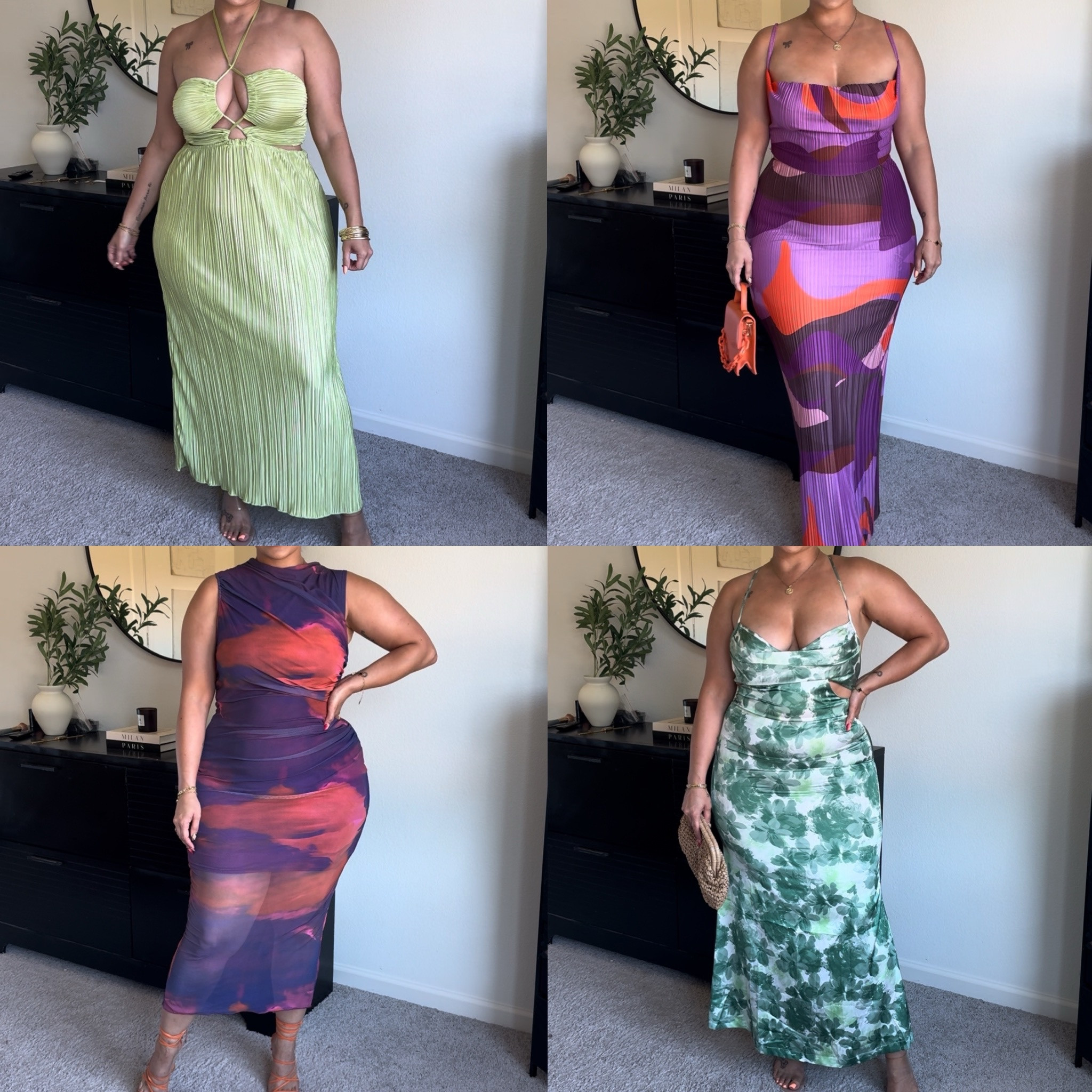 Green dress: size L. The color is not as vibrant as it shows on Amazon. 🥲 | 
purple set: size 12. It is very stretchy so if you’re in between sizes you can size down. I also recommend boob tape with this top! 
Purple and orange dress- XL
Green print dress: XL no stretch 