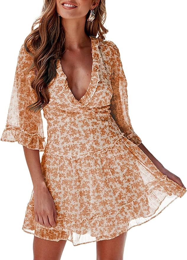 Ecrocoo Womens Sexy V Neck Long Sleeve Boho Floral Print Mini Dress A Line Swing Dresses | Amazon (US)