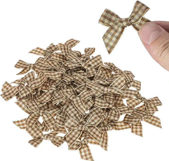YASEO 50 Pcs Brown Mini Gingham Bows, Small Checkered Ribbon Appliques Bows for Sewing, Scrapbook... | Amazon (US)