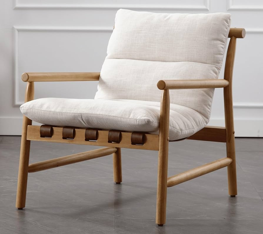Linen Accent Chair Mid Century Modern Living Room Chairs Comfy Arm Chair with Solid Wood Frame Up... | Amazon (US)