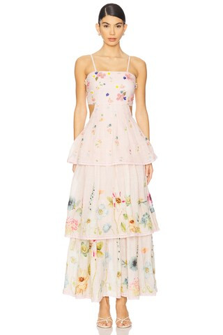 LA FUORI Garden Gala Tier Dress in Pink Multi Floral from Revolve.com | Revolve Clothing (Global)