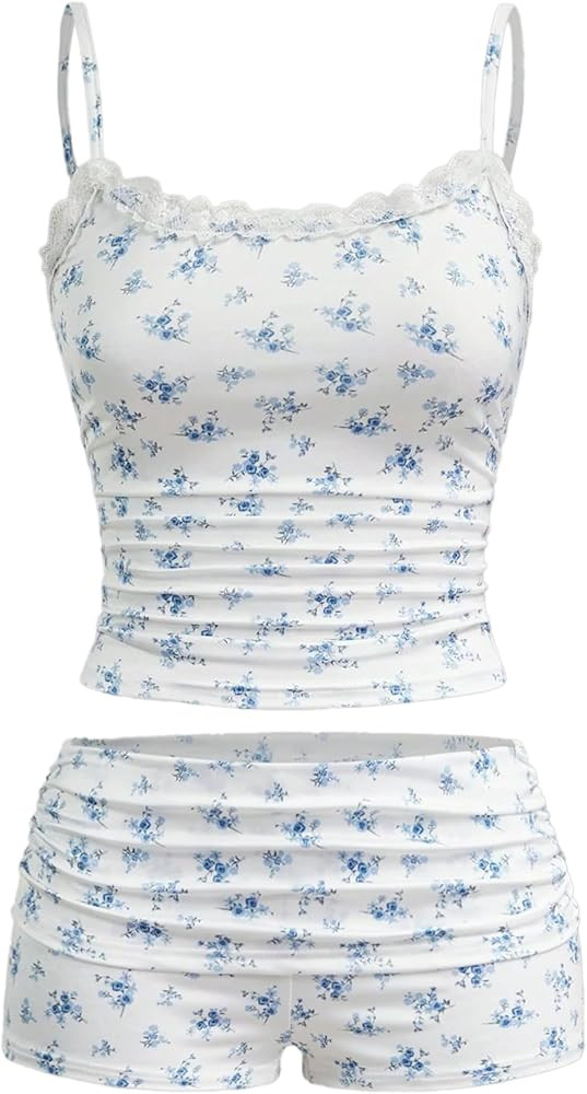 Hilinker Womens Sexy 2 Piece Pajama Set Lace Trim Ruched Cami and Shorts Summer Cute Pjs | Amazon (US)