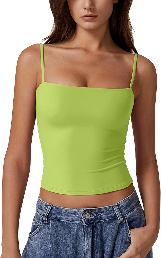 QINSEN Women's Double Lined Basic Tank Top Adjustable Spaghetti Straps Sleeveless Camisole Shirts | Amazon (US)