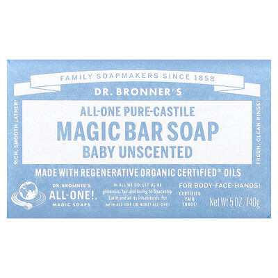 Dr. Bronner's, All-One Pure-Castile Magic Bar Soap, Baby Unscented, 5 oz (140 g) | iHerb
