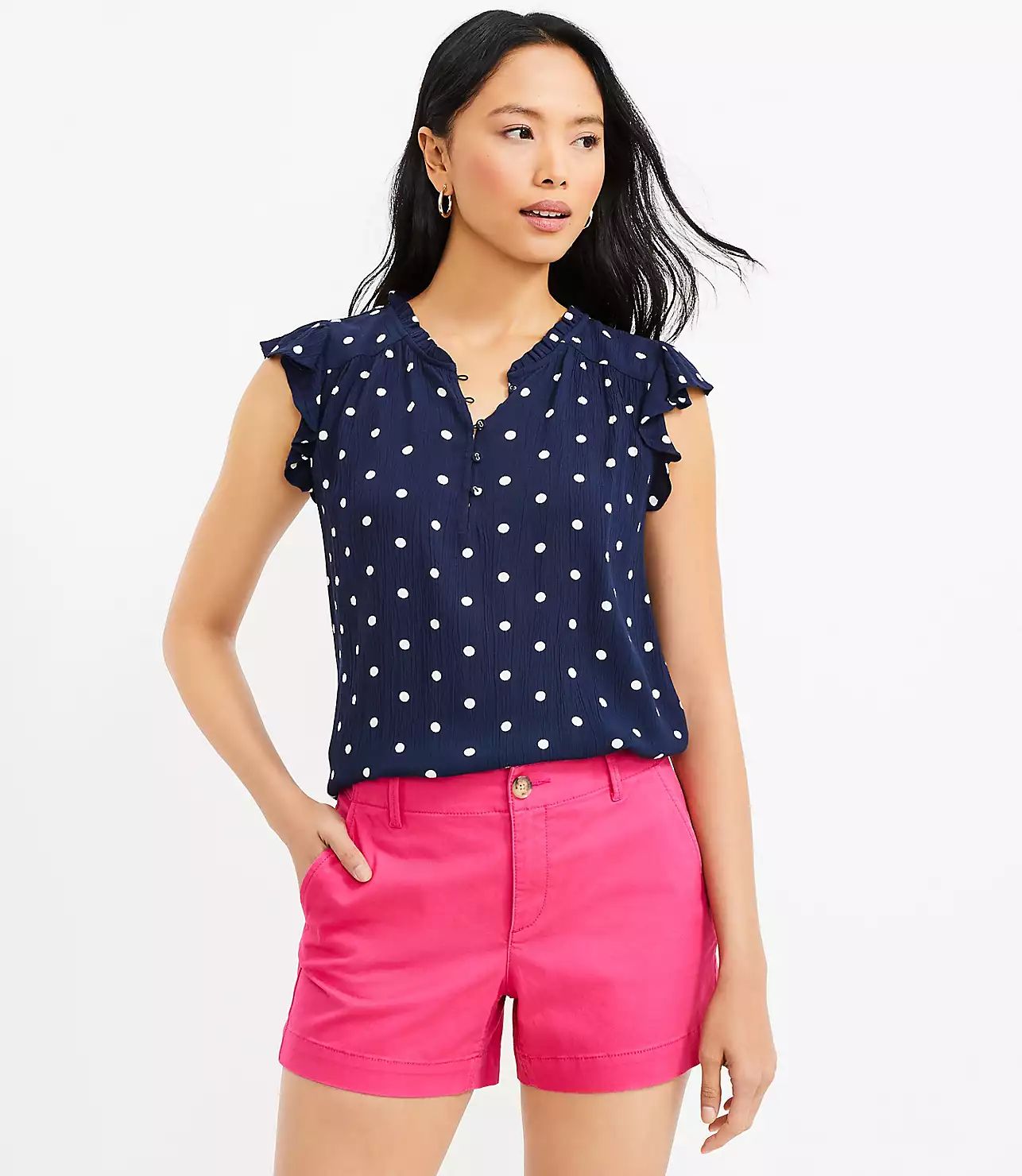 Dotted Ruffle Button Mixed Media Top | LOFT