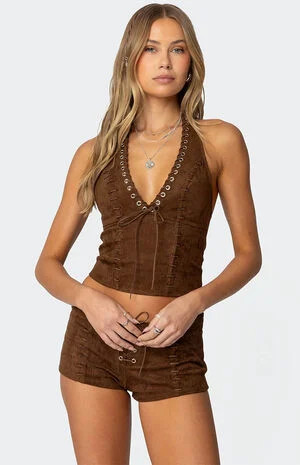 Edikted Sloane Faux Suede Halter Top | PacSun