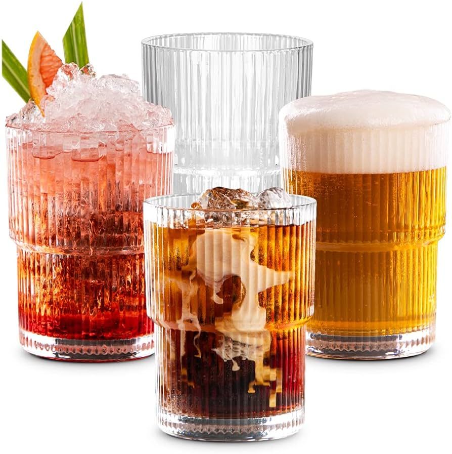 Combler Ribbed Glasses Drinking Set of 4, 14 oz Ribbed Drinking Glasses, Ribbed Glass Cups, Flute... | Amazon (US)