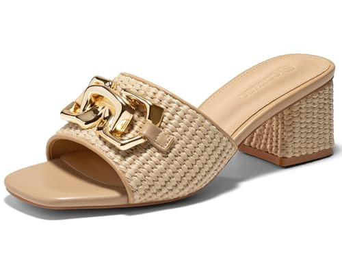Coutgo Womens Raffia Slide Sandals Chunky Block Heeled Square Open Toe Metal Chain Slip on Mules Dressy Shoes, Khaki, Size 6.5 | Amazon (US)
