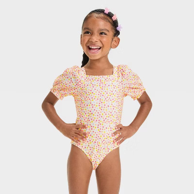 Toddler Girls' Puff Sleeve Daisy Floral Printed One Piece Swimsuit - Cat & Jack™ Pink 5T | Target