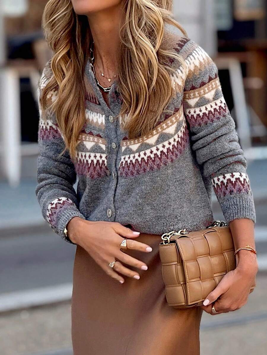 Solivie Women's Round Neck Long Sleeve Single-Breasted Casual Geometric Knitted Cardigan,Fair Isl... | SHEIN
