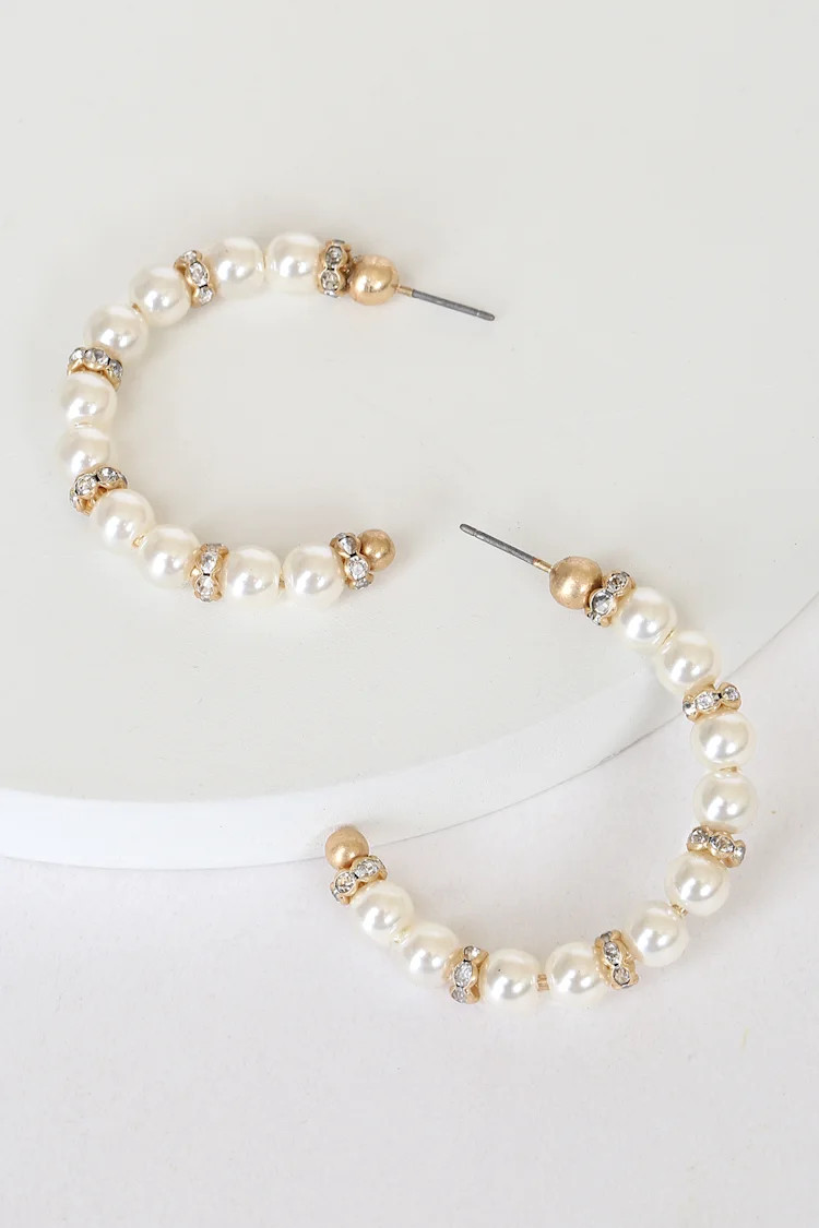 One for All White Pearl Rhinestone Hoop Earrings | Lulus