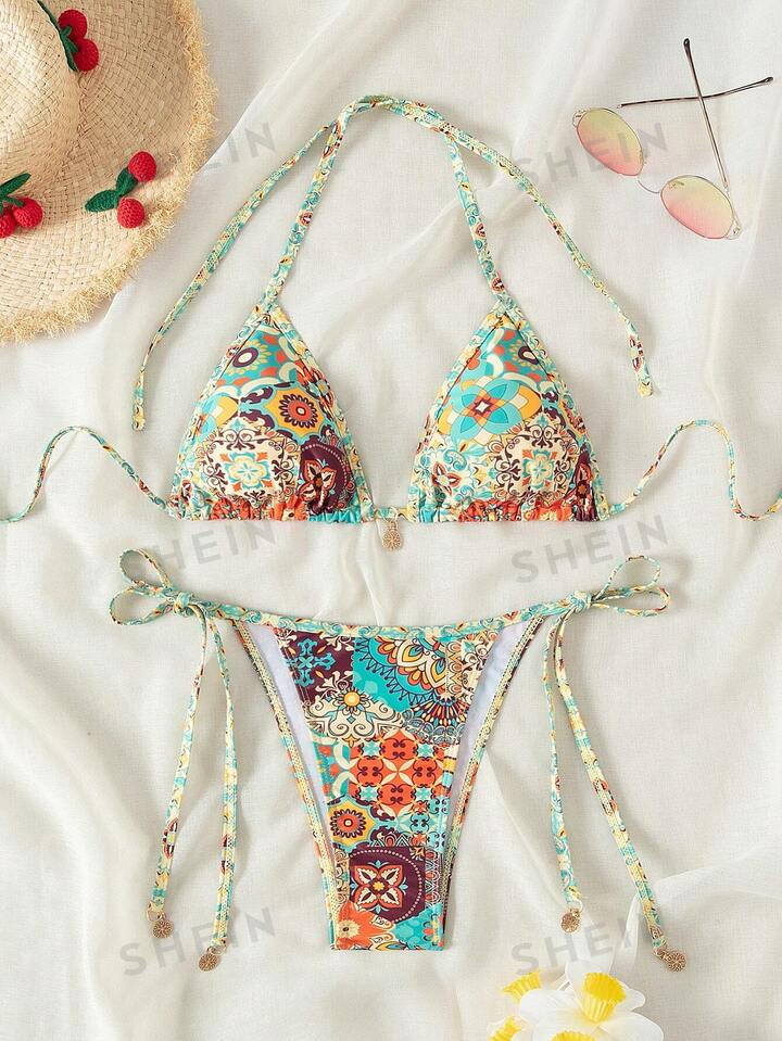 SHEIN Swim Summer Beach Women's Knot Side Halter Bikini Set With Random Print | SHEIN