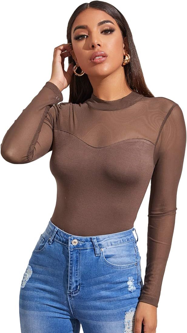 SheIn Women's Sheer Mesh Mock Neck Tees Top Long Sleeve Solid T Shirt | Amazon (US)