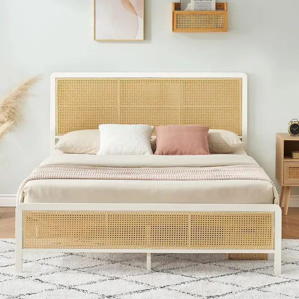 Rattan Bed Frame with Headboard LED Lights and Footboard - White_Queen - Queen | Bed Bath & Beyond