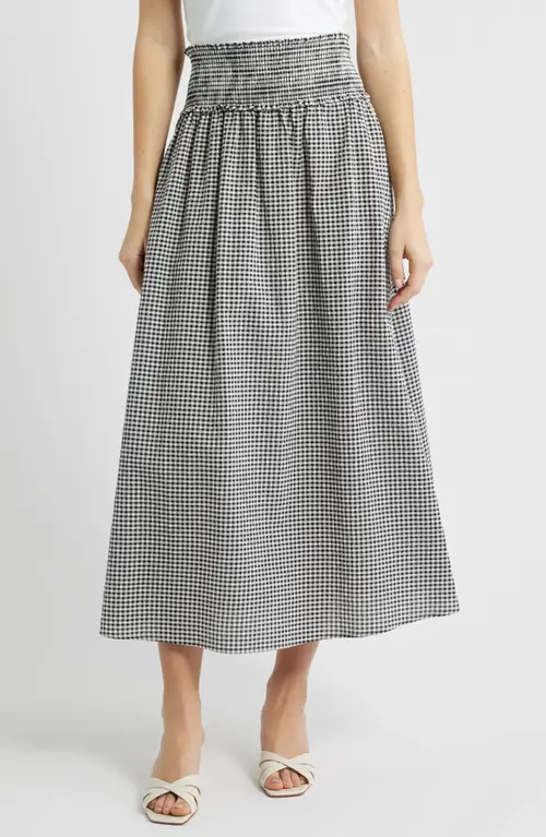 Hill House Home The Delphine Gingham Midi Skirt in Black/sand Gingham at Nordstrom, Size Large | Nordstrom