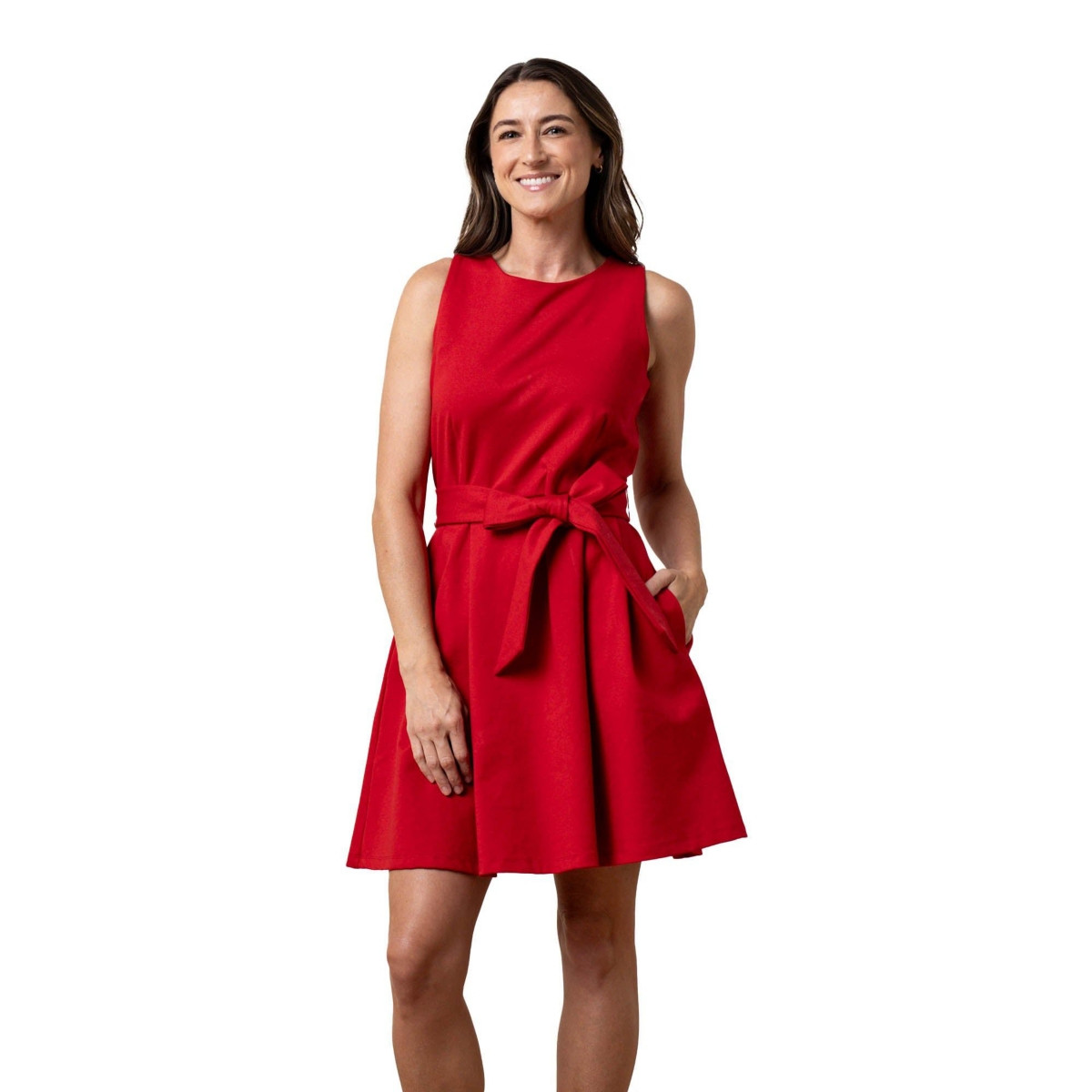 Hope & Henry Women's Sleeveless Ponte Skater Dress with Waist Sash - Red ponte skater | Macy's