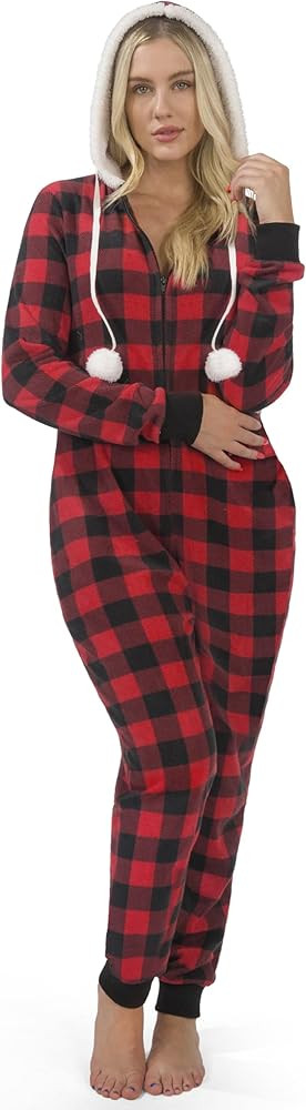 Giggling Getup Women Christmas Pajamas, Buffalo Plaid Pajamas with Hood, Flannel Sherpa One Piece... | Amazon (US)