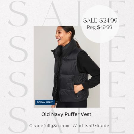 Sale - Old Navy Puffer Vest in black or white $24.99. 50% OFF TODAY ONLY
.
.
Old navy / winter / fall / fall fashion / outerwear/ coat / vest / puffer / puffer vest / fall style / winter style / layers / activewear / outdoor clothes / Womens fashion 

#LTKsalealert #LTKunder50