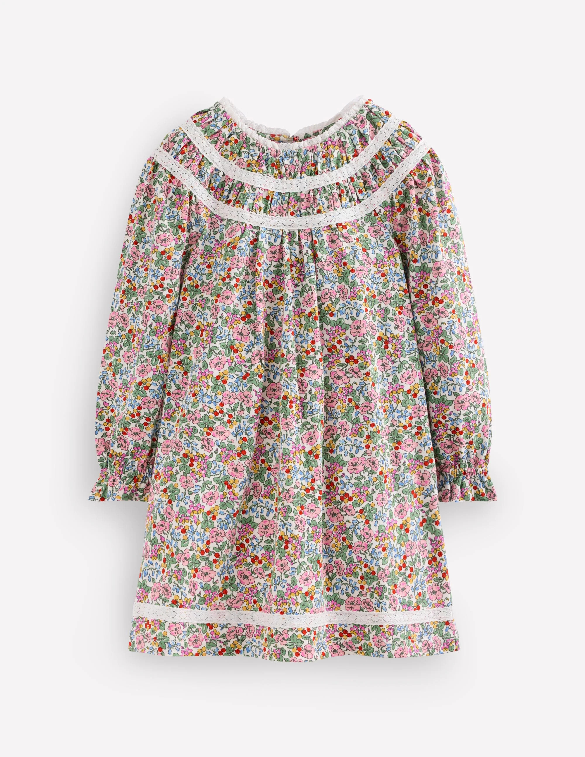 Hübsches Jerseykleid mit Spitzenbesatz-Weiches Naturweiß Beere Blumenm | Boden DE