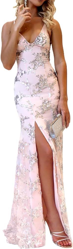 Amazon.com: ZYTECO Women's Sleeveless V Neck Spaghetti Strap Slit Thigh Sequin Mesh Prom Maxi Dre... | Amazon (US)