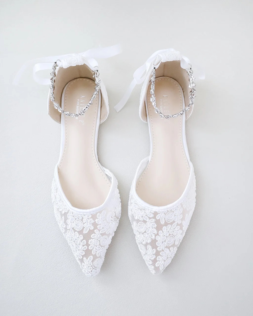 Wedding Crochet Lace Pointy Toe Flats with Amaryllis Crystal Strap | Kailee P.