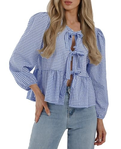 PRETTYGARDEN Women's Babydoll Peplum Blouse Shirt Puff Long Sleeve Bow Tie Front Trendy Cute Y2K Going Out Tops (Plaid Blue,XX-Large) | Amazon (US)