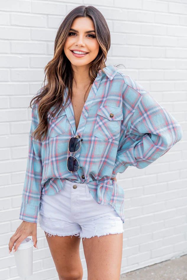 Flattering Style Blue Multi Plaid Button Up Blouse | Pink Lily