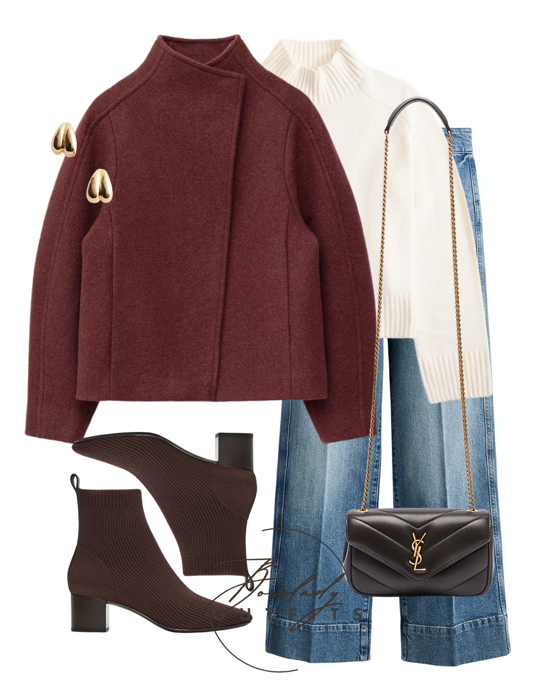 Elevated autumn dressing 🍂Tags: burgundy sweater maroon jacket knit cream turtleneck layered straight leg jeans denim sock boots brown ankle boots YSL bag Saint Laurent crossbody gold earrings chunky hoops fall outfit ideas smart casual chic workwear office style weekend look capsule wardrobe layering inspo 

 #LTKwinter #LTKstyletip #LTKbag