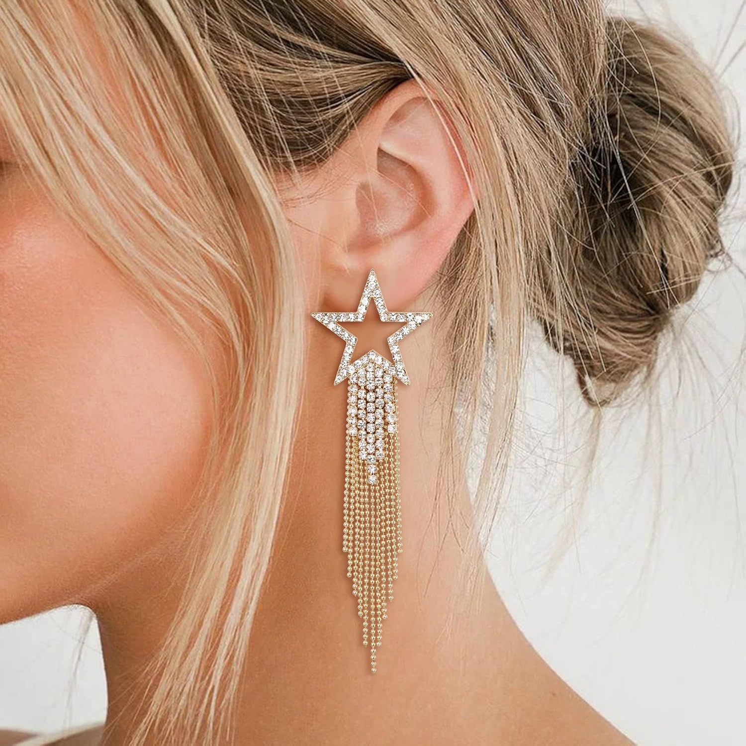 EVER FAITH Star Tassel Earrings for Women Girls, Rhinestone Crystal Long Waterfall Beaded Fringe ... | Amazon (US)