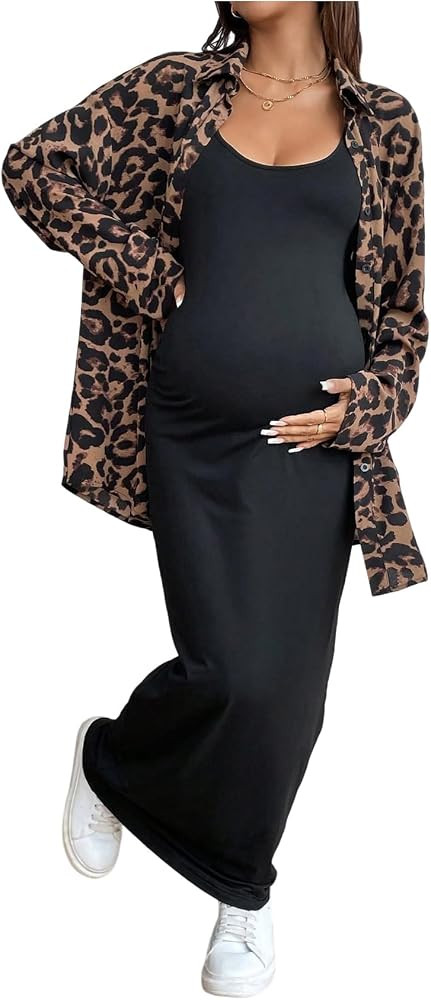MakeMeChic Women's Maternity Clothes 2 Piece Summer Outfit Cheetah Print Button Down Shirt and Ta... | Amazon (US)