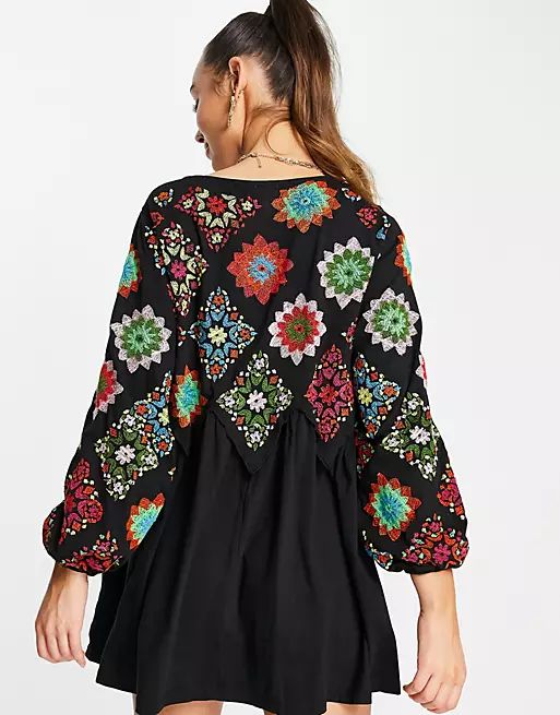 ASOS DESIGN mini crochet embroidered smock dress in black | ASOS | ASOS (Global)