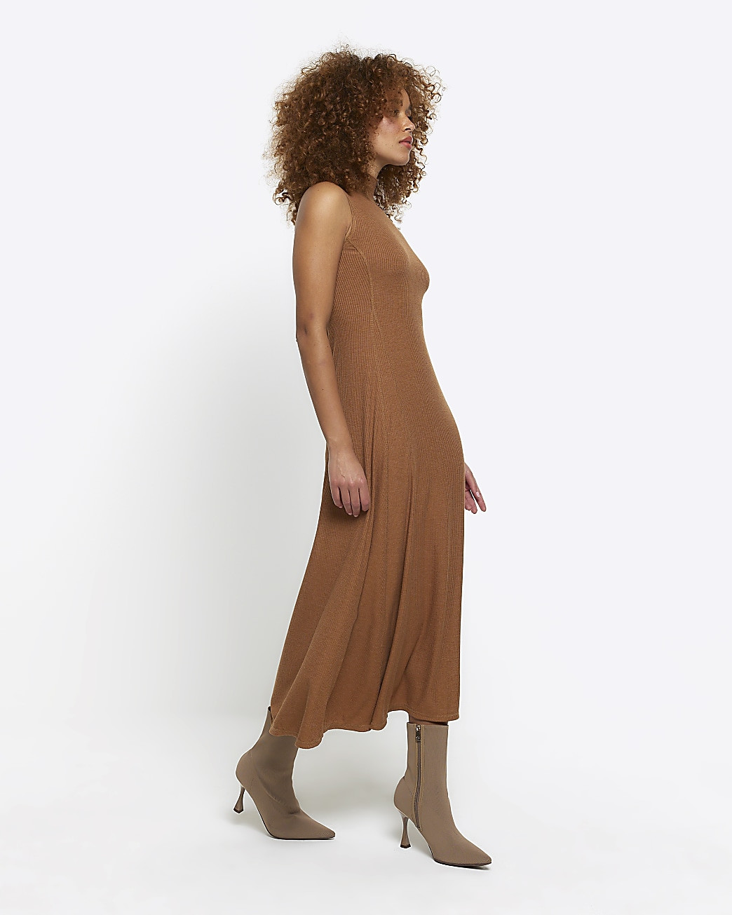 Brown rib high neck bodycon midi dress | River Island (UK & IE)