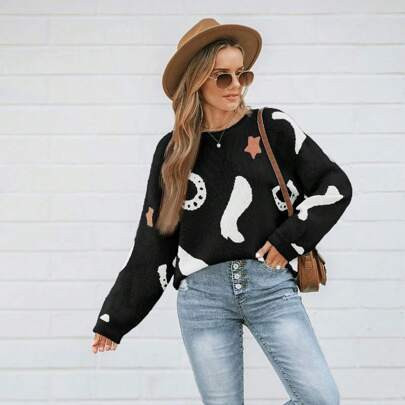 Women's Autumn/Winter Western Boots Pattern Casual Sweater, Suitable For Christmas | SHEIN