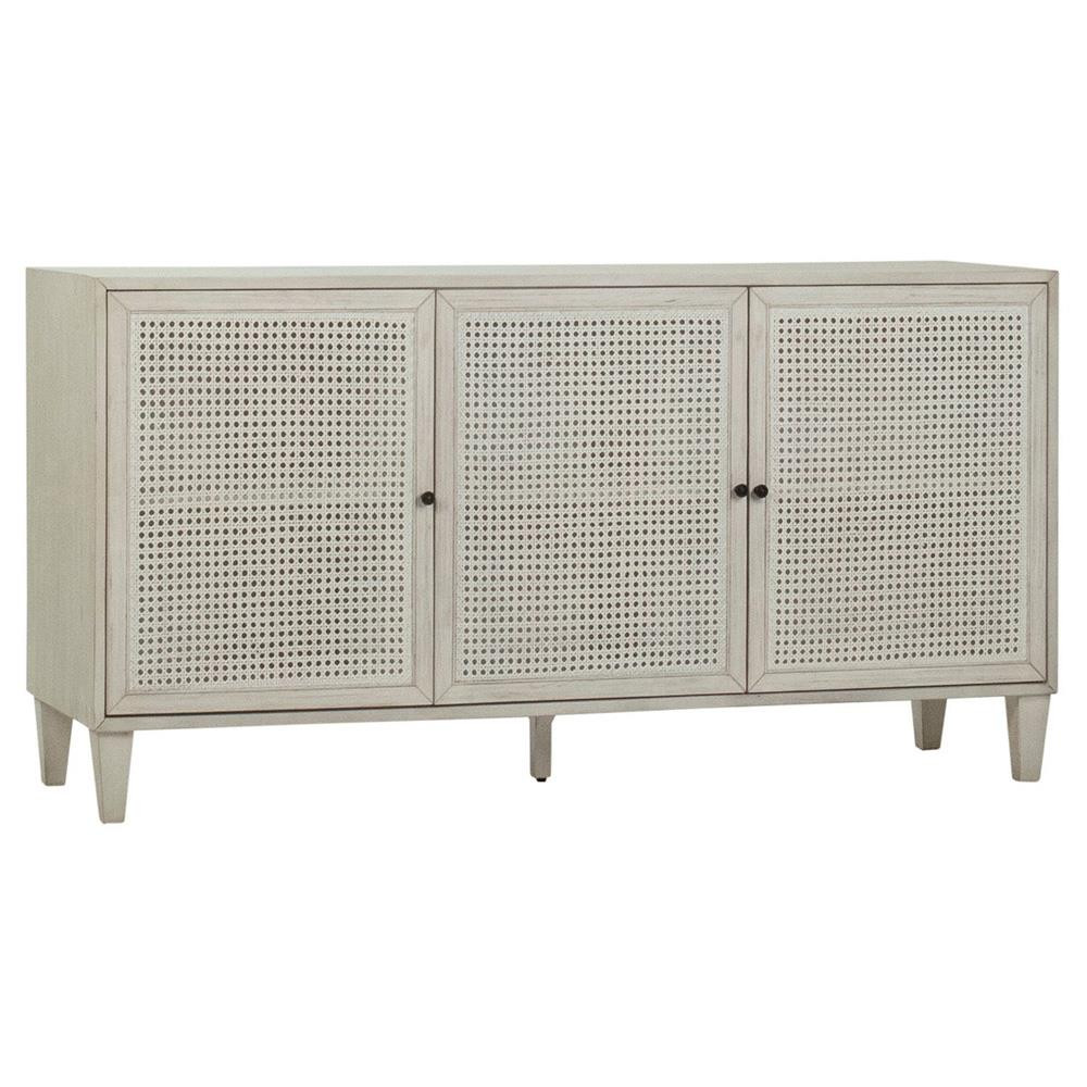 Gabriel Coastal Beach White Acacia Wood Woven Rattan 3 Door Sideboard - Small | Kathy Kuo Home